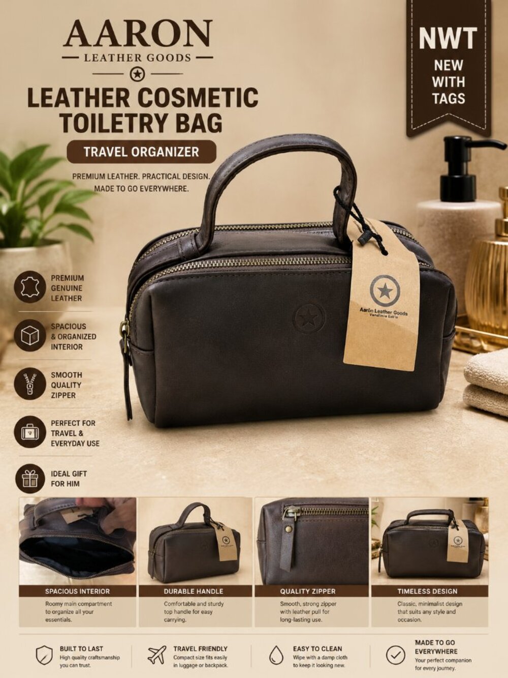 NWT Aaron Leather Goods Leather Cosmetic Toiletry Bag with Handle